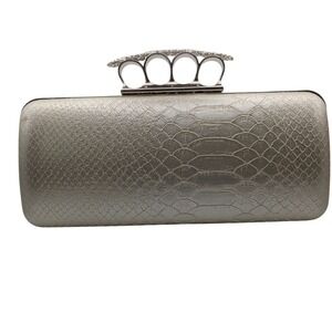 Expressions NYC Knuckle Duster Clutch Rhinestone Snakeskin Silver Evening Y2K
